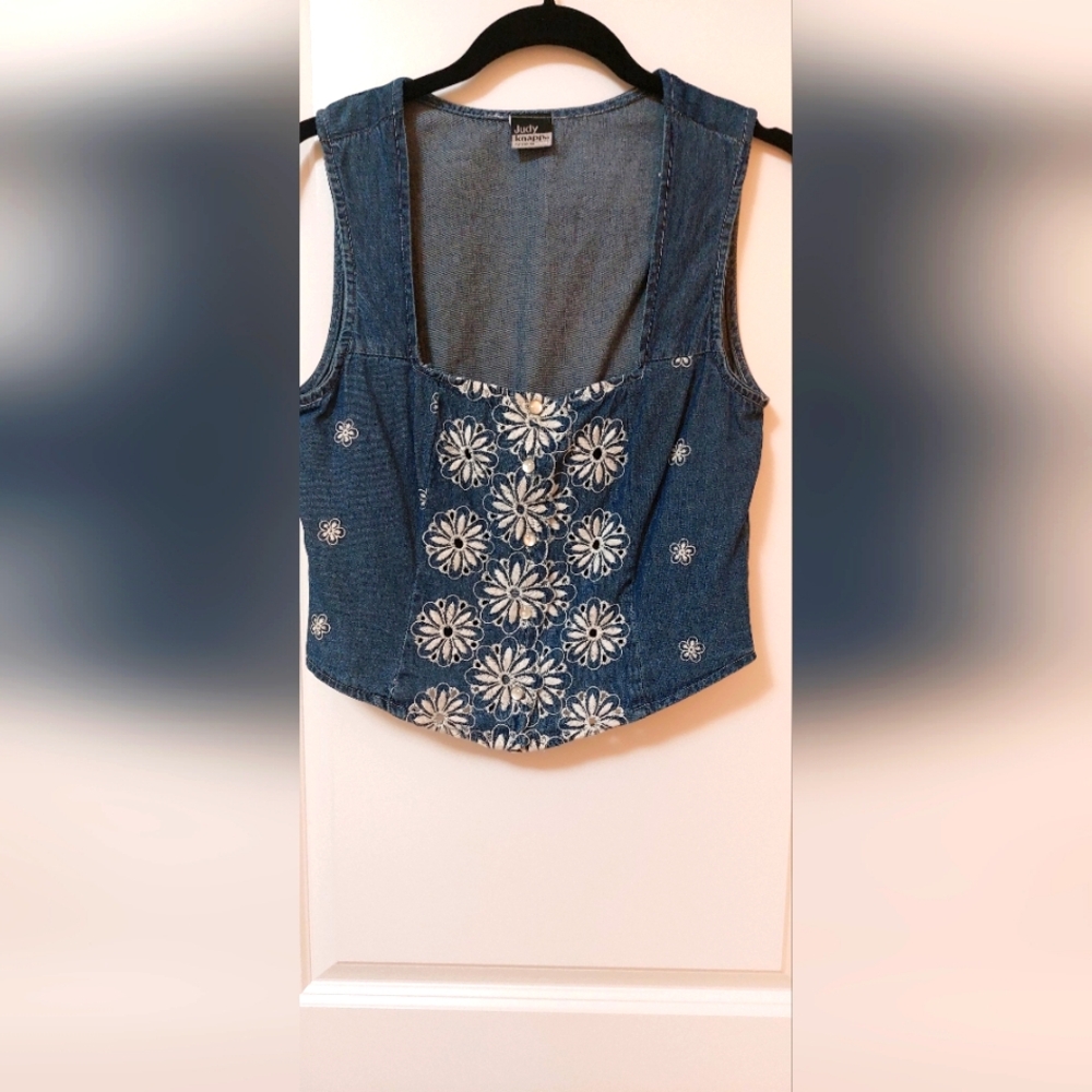 Denim Floral Button Vest